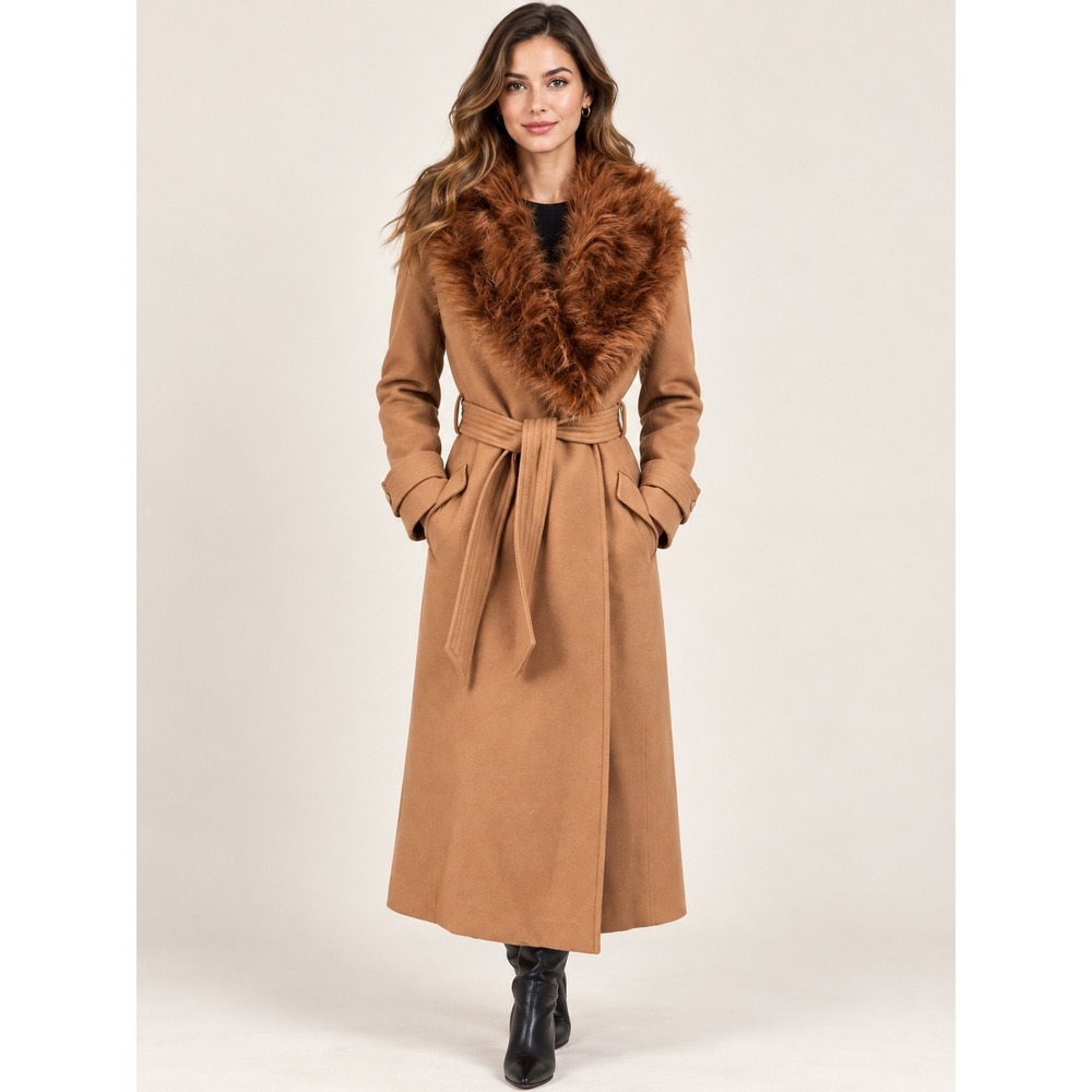 Karen Millen Faux Fur Collar Wool Cashmere Maxi Trench Coat Womens 4 Camel